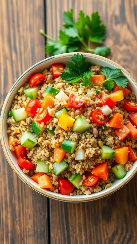 A colorful quinoa and lentil salad with vegetables, garnished with parsley on a wooden table.